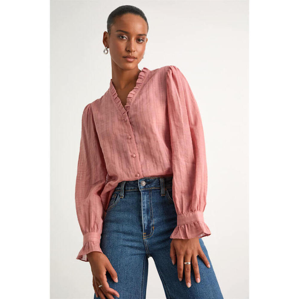 The Korner Rocklin Coral Pink Ruffled Button-front Long Sleeve Top - Size S